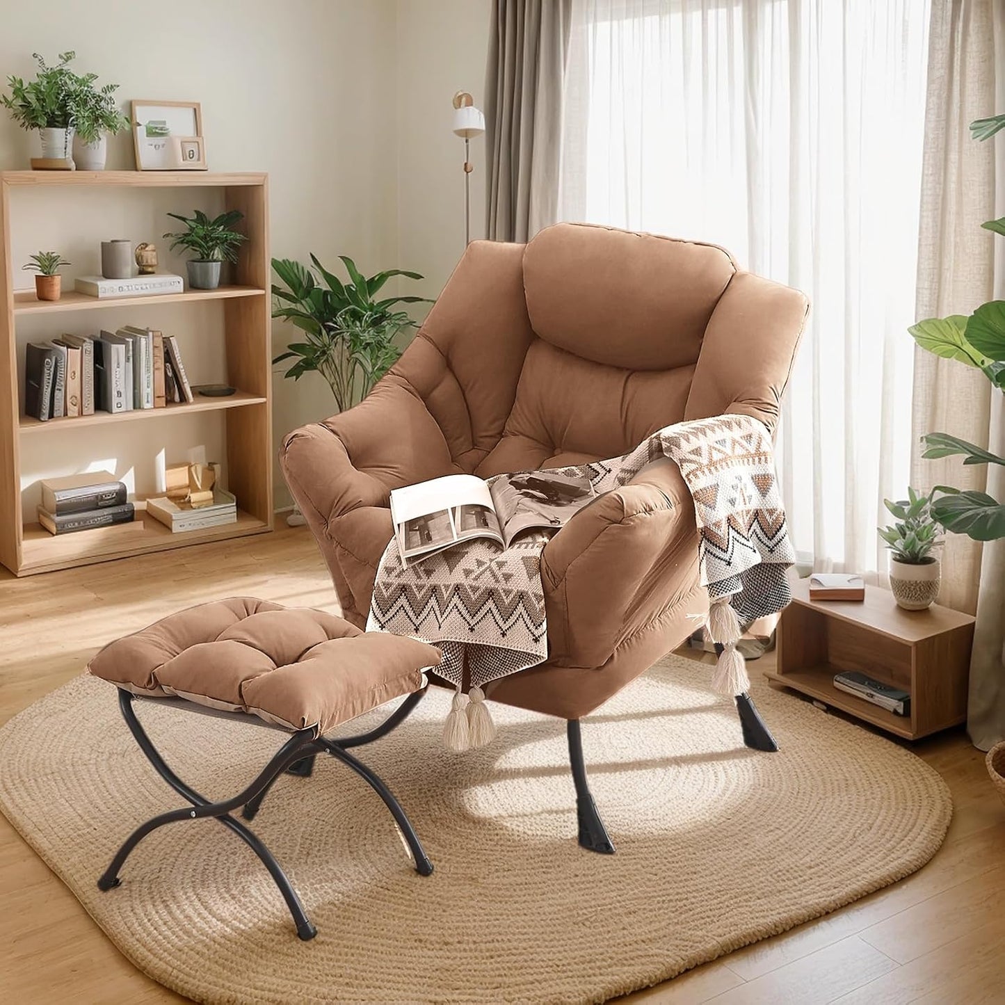 Large Lazy Chair with Ottoman, Accent Reading Chair with a Footrest, Cozy Lounge Armchair, Leisure Sofa Armchair for Living Room, Bedroom, Dorm Room, Office