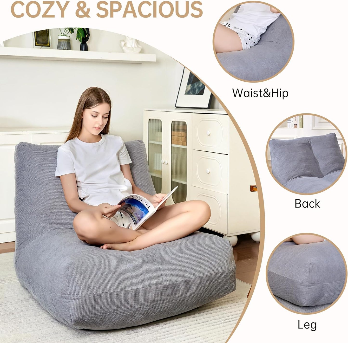 Bean Bag Chairs for Adults, Memory Foam Bean Bag Chair, Spacious Single Sofa, Ergonomic Support Reading Floor Sofa Chair with Filler, Comfy Cozy Beanbag Couch for Bedroom Living Room (Grey)