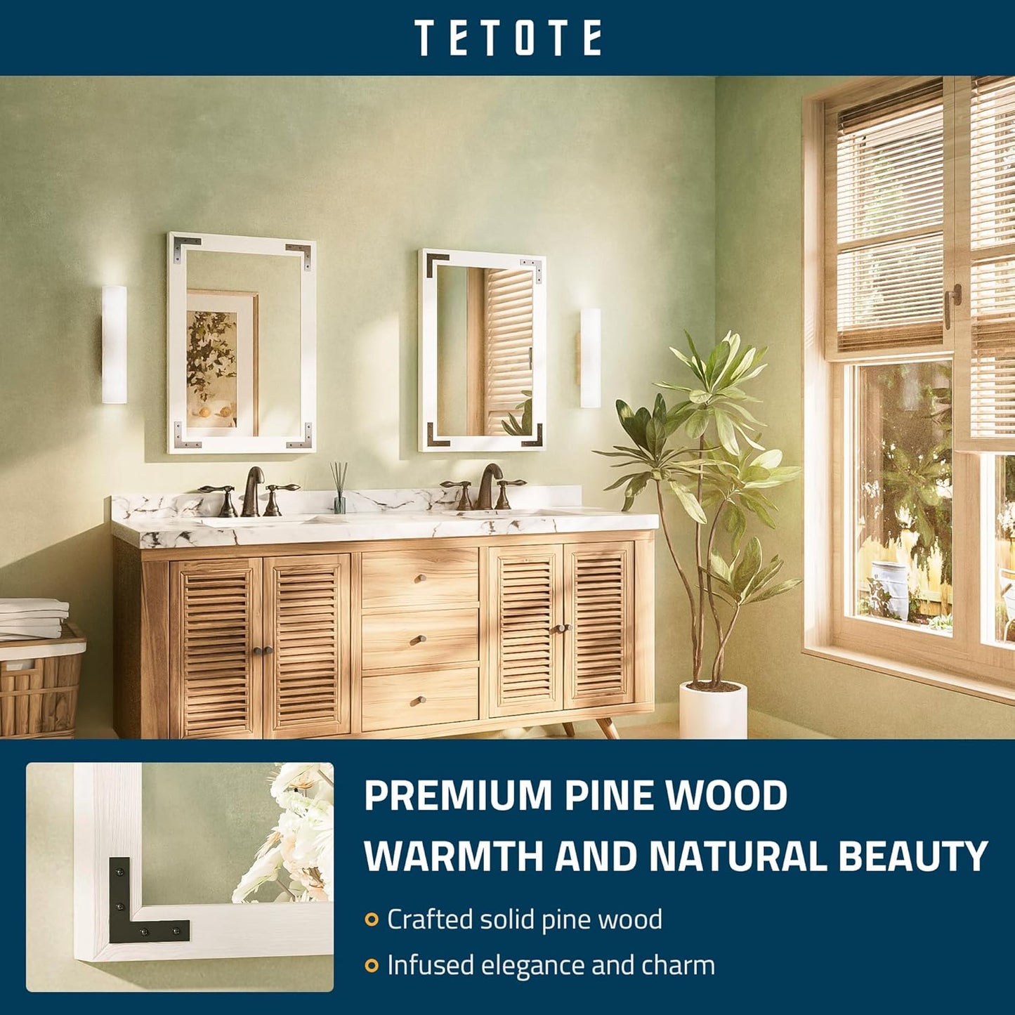 TETOTE 18 x 26 White Wood Mirror for Bathroom Wall/Bedroom/Living Room/Entryway Farmhouse Rustic Wall Mirror Waterproof (Horizontal/Vertical Mounted)