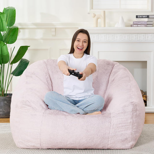Bean Bag Chairs for Adults, Giant Beanbag Sofa Comfy Reading Chair, Oversized Bean Bag Chairs for Living Room Bedroom, Soft Faux Fur Fabric, 3.2FT, Pink, Plush