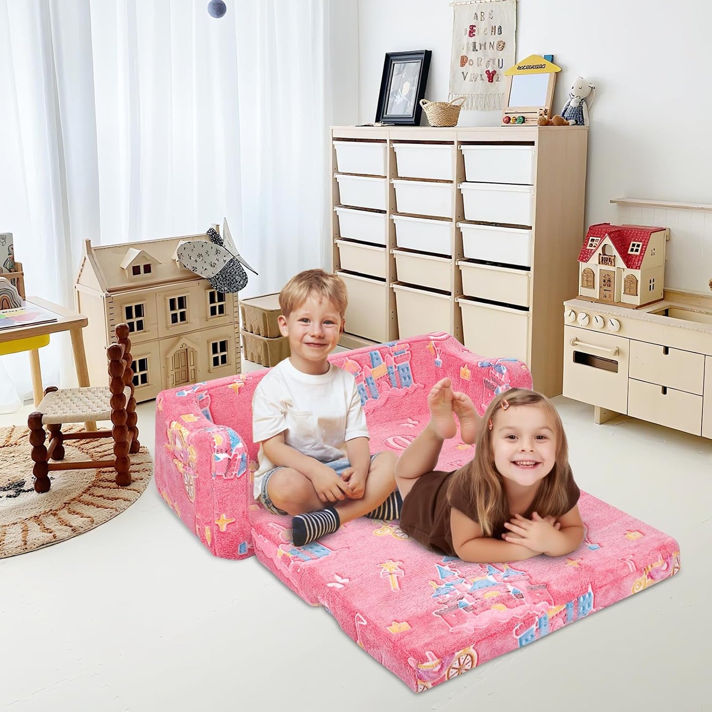 Kids Couch Extra Large,Glow in The Dark 2-in-1 Folding Kids Sofa Bed for Girls,2 Seats Convertible Sleeper Lounger Toddler Couch for Children Bedroom Playroom Nursery,Castle