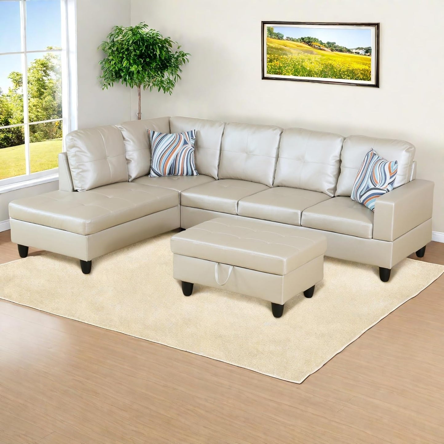 L-Shaped Sectional Sofa with Ottoman, Right-Facing Leather Modern Couch with Cup Holder for Living Room, Bedroom, Office, Glistening White