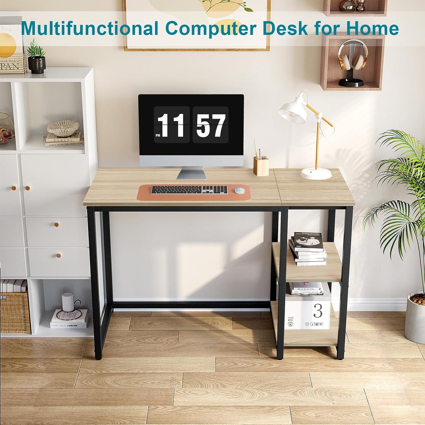 SINPAID Computer Desk 47 inches with 2-Tier Shelves Sturdy Home Office Desks with Large Storage Space Modern Gaming Desk Study Writing Laptop Table, Oak