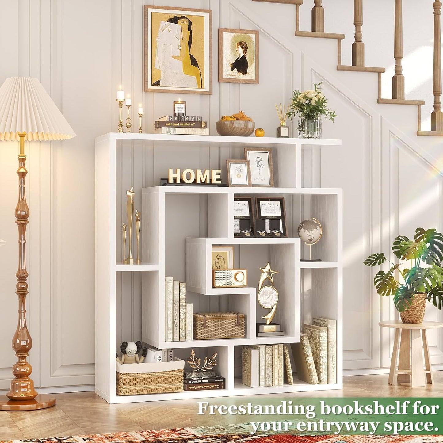 Armocity 6 Tier Display Book Shelf Wall Mounted Bookshelf Freestanding Geometric Bookcase Floating Book Shelves for Wall Bedroom Living Room Home Office, 45.5"(W) * 47"(H), White