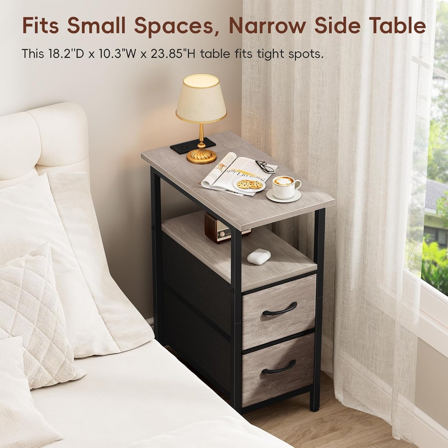 Vagusicc Set of 2 Nightstand with Charging Station and LED Lights, Narrow Side Table, LED Night Stand with 2 Fabric Drawers, Bedside Table Small End Table, Tall Nightstand for Bedroom, Rustic Grey