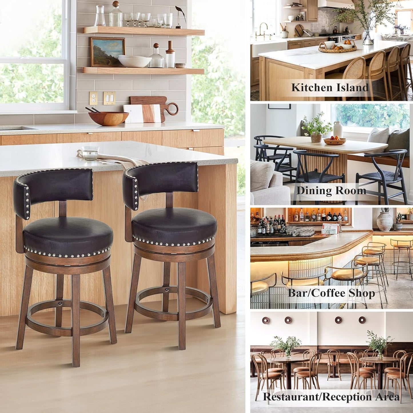 COLAMY Swivel Bar Stools Set of 2, Swivel Counter Height Barstools, 25 Inch Upholstered Barstools for Kitchen Island Dining Room Bar, Dark Brown