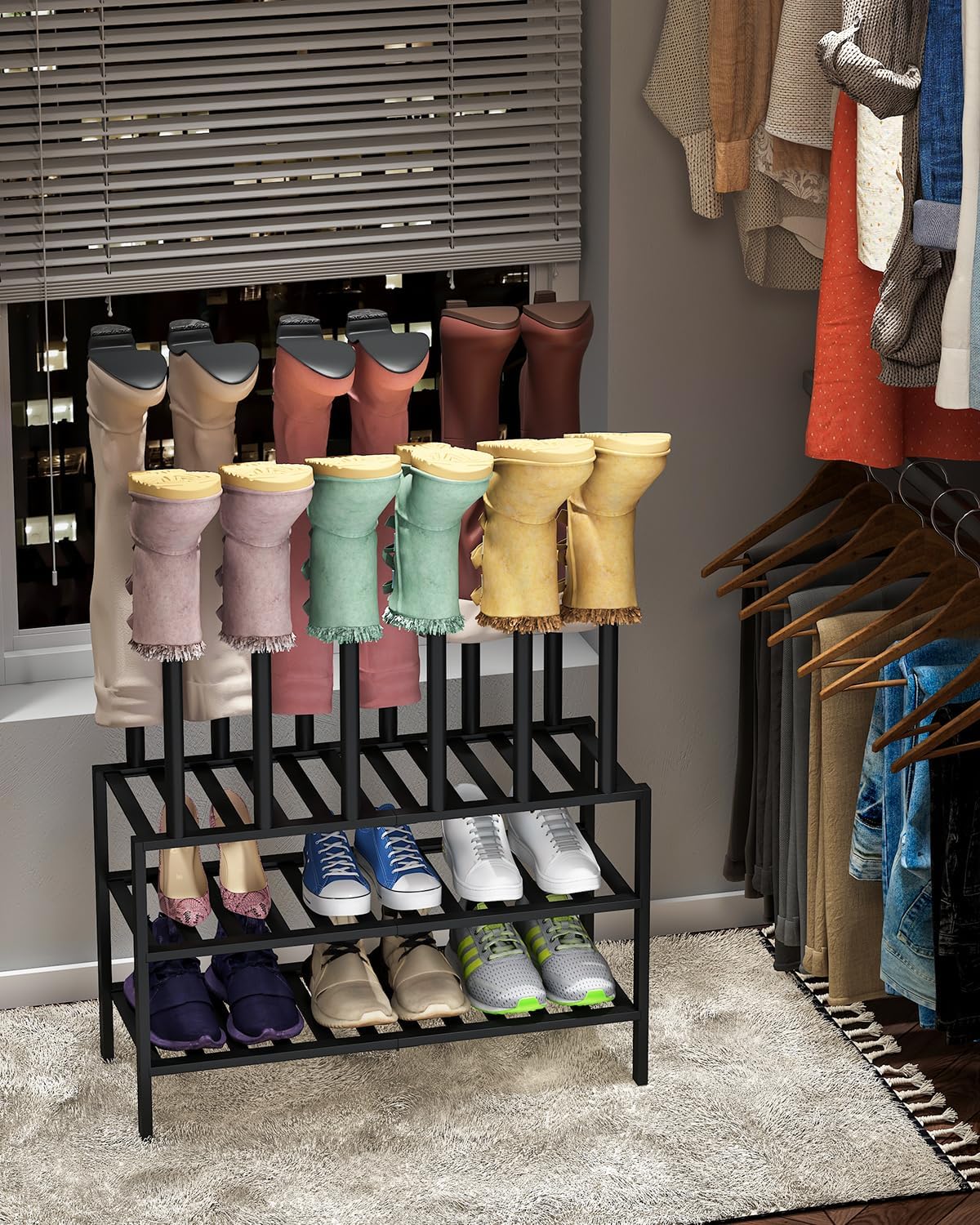 Black Boot Rack, Boot Rack Organizer Tall Boots with Shoe Rack for Closet, Bamboo Wood Shoe Shelf Storage Organizer for Entryway Small Space