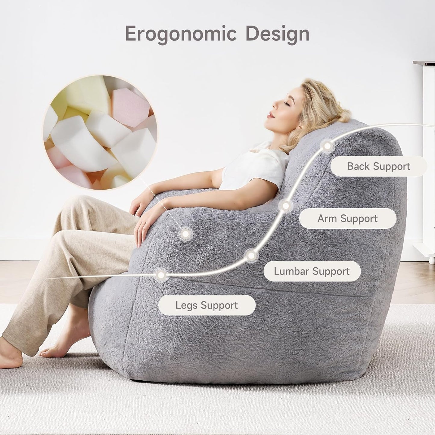 Giant Bean Bag Chairs for Adults with Ottoman, Faux Fur Boneless Chaise Couch Filler with Memory Foam,Large BeanBag Lounge Lazy Floor Sofa Accent Chair for Living Room,Bedroom & Game Rooms