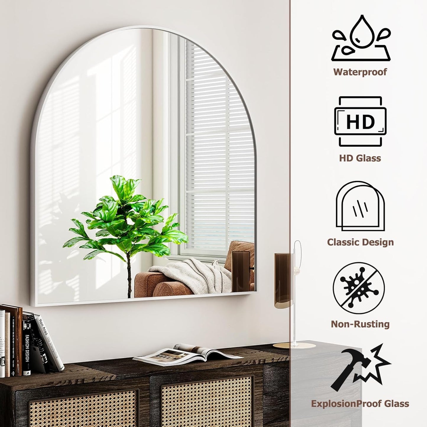 Arched Bathroom Mirror, 32x34 Inch - Wall Mounted Vanity Mirror with Aluminum Alloy Frame - Ideal for Living Room, Bedroom, Bathroom, and Entryway, Hanging or Leaning,White