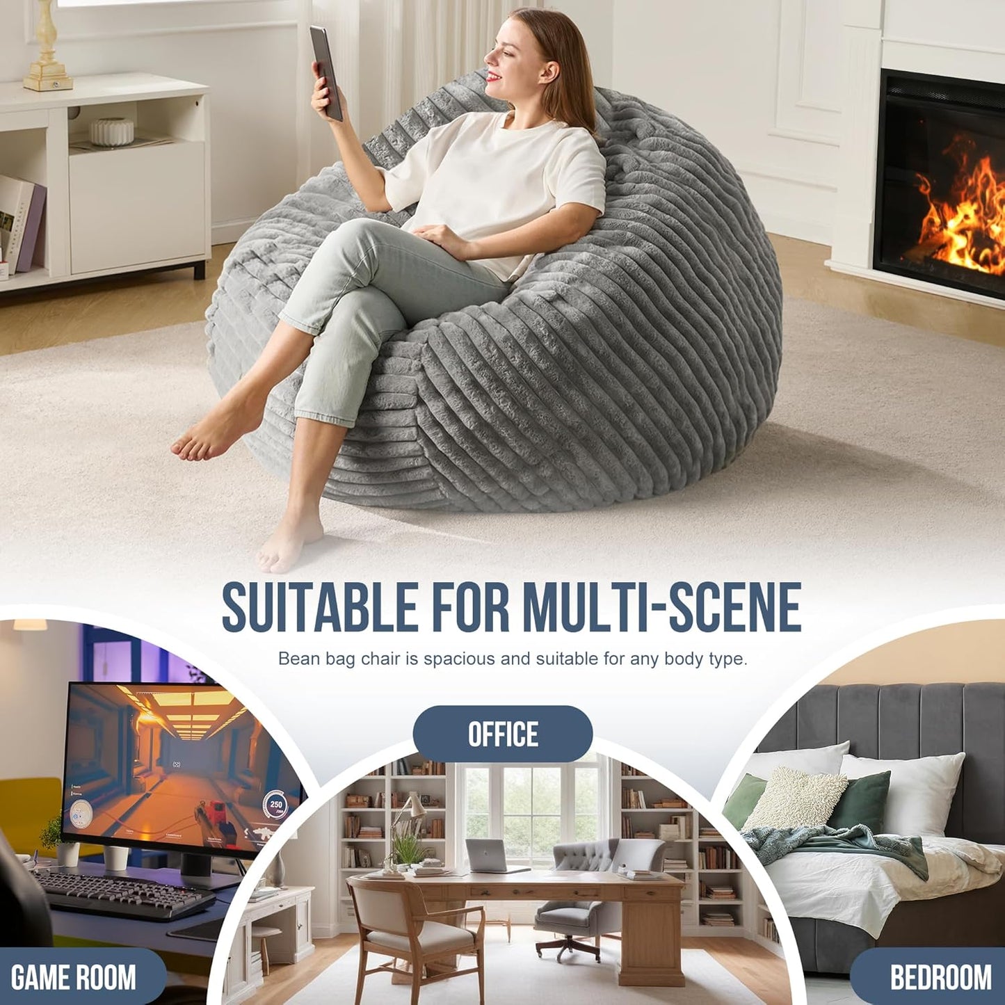 Hobestluk 4ft Bean Bag Chairs for Adults Large Beanbag Chair with Dutch Corded Plush Cover Big Bean Bag Chair for Living Room Bedroom Dorm Office - Grey (44" x 44" x 24")