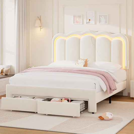 Queen Upholstered LED Bed Frame with 2 Storage Drawers and Adjustable Chic Double Wavy Headboard, Velvet Princess Platform Bed with Charing Station, Solid Wood Slats Support,No Box Spring Needed,Beige