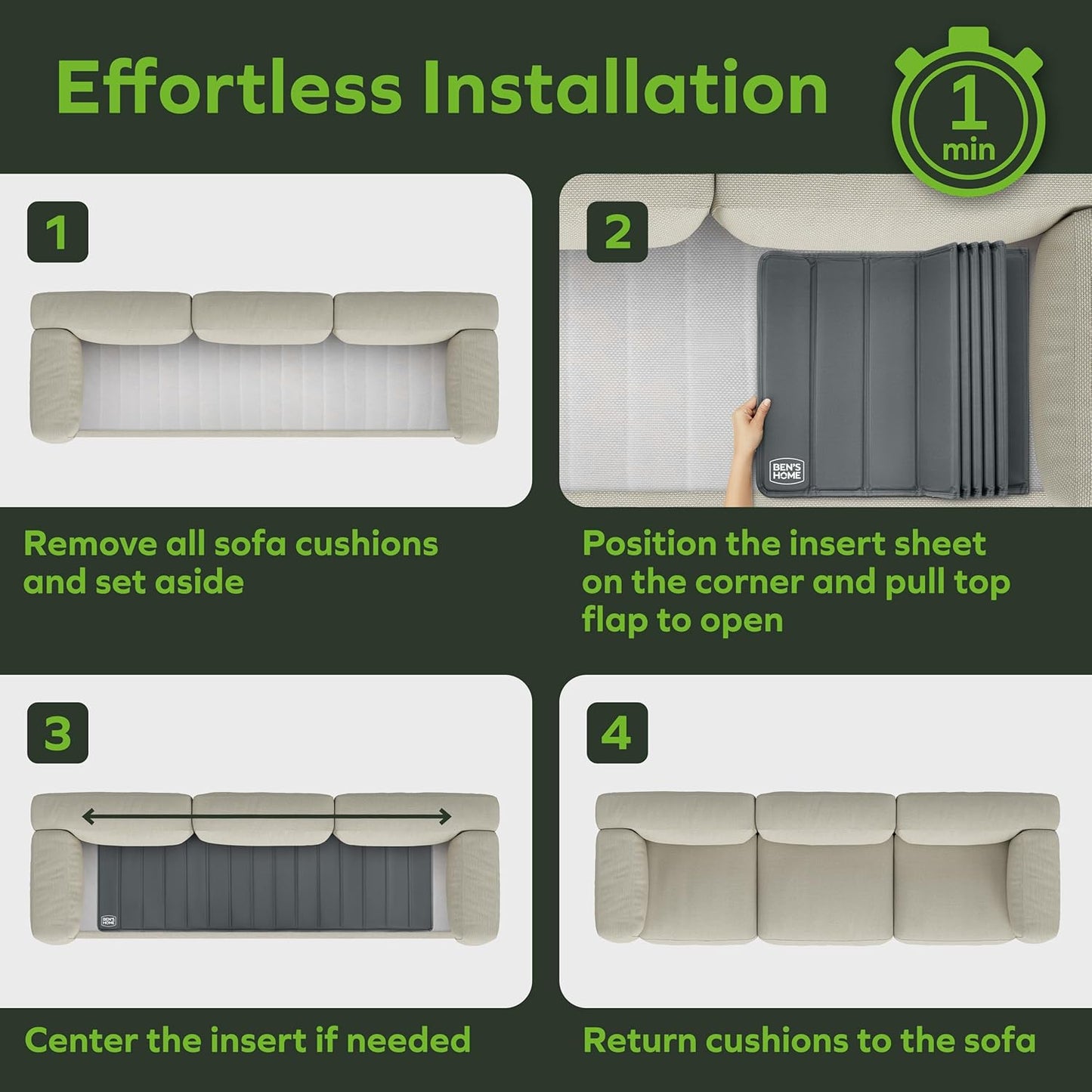 BEN'SHOME® Deep Couch Cushion Support for fix Sagging Seats - Heavy Duty Solid .5" Wood Sofa Support Board | Adjustable 58"-67" x 25" Under Cushion Insert | Non-Slip Furniture Saver | 400 LB Capacity