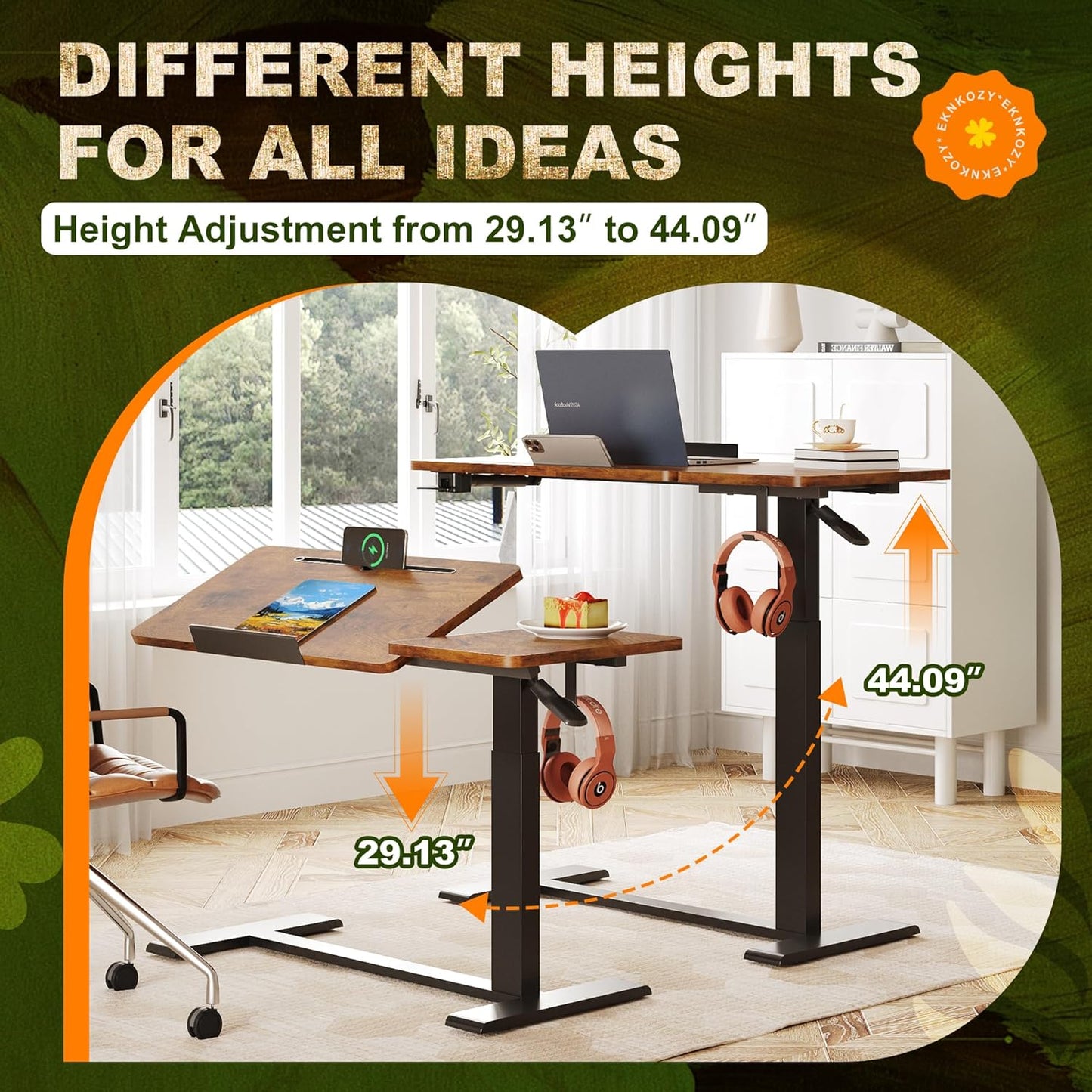 Standing Desk, Medical Overbed Table with Rolling Tray, Dual Pneumatic Angle and Height Adjustable Desk, Portable Side Table with Hidden Wheels, Home & Hospital Use, Rustic Brown