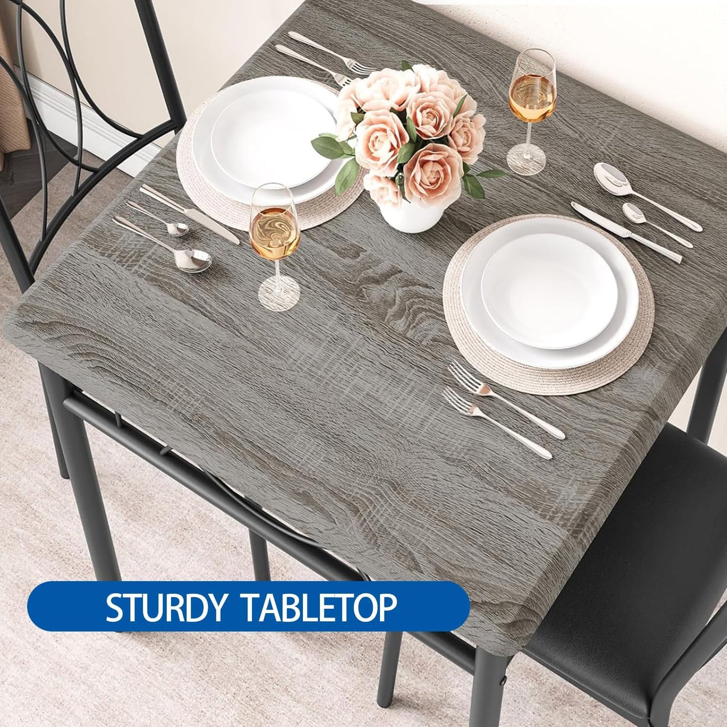 IDEALHOUSE Dining Table Set for 2, Square Dinner Table Sets with 2 Upholstered Chairs, Small Kitchen Table and Chairs for 2, Corner Dining Room Table Set for Apartment, Small Space, Dinner, Retro Gray