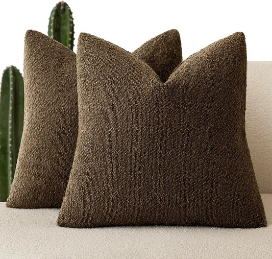 Foindtower Pack of 2, Decorative Textured Boucle Throw Pillow Covers Accent Solid Pillow Cases Cozy Soft Couch Cushion Case for Chair Sofa Bedroom Living Room Home Decor 22x22 Inch Chocolate
