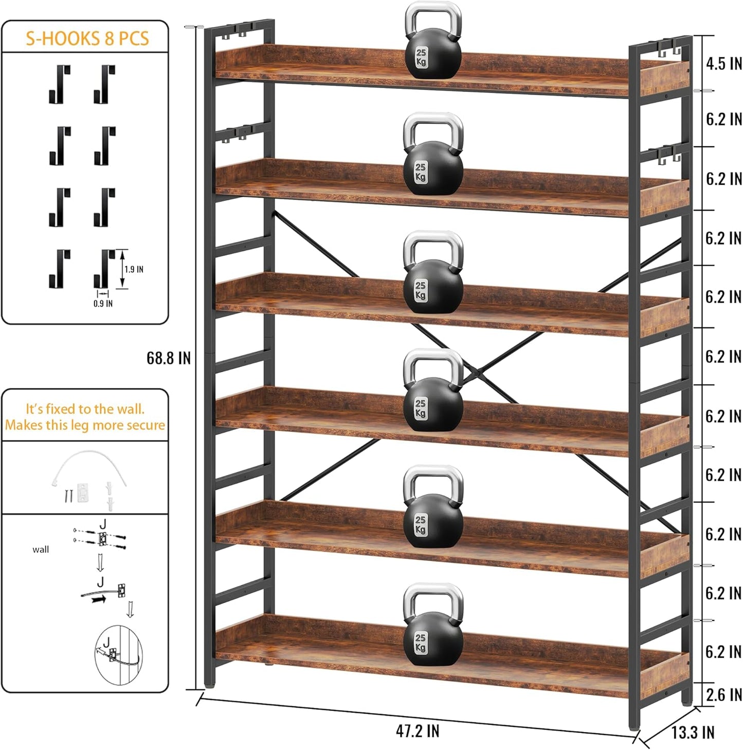 HCHQHS 6 Tier Bookshelf, Adjustable Industrial Bookcase, Vertical Tall Book Shelf, Wood and Black Metal Open Bookshelves for Home Office, Living Room, Bedroom