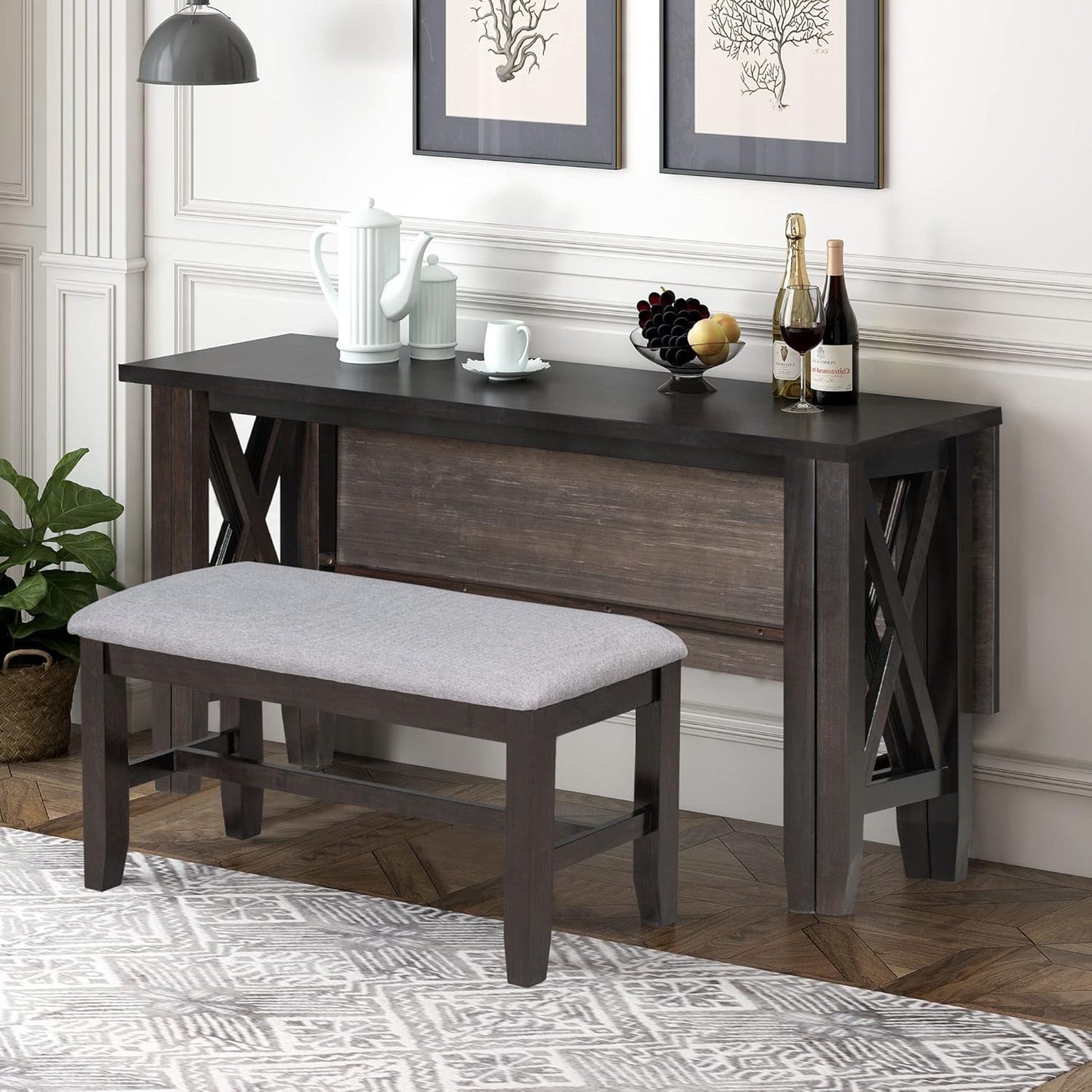 Ball & Cast 6-Piece Dining Table Set, 60" Wood Dining Kitchen Table & Chairs Set, Rectangular Dining Room Foldable Table with 4 Upholstered Chairs & 1 Bench,Perfect for Dining Room, Kitchen, Espresso