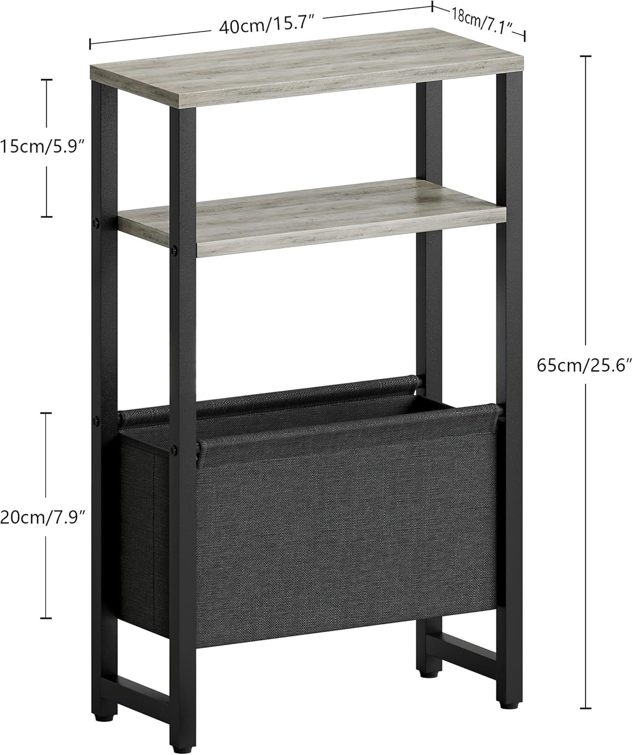 Narrow Side Table, Slim End Table with Magazine Rack, Bedside Table for Small Spaces, 3 Tier Sofa Couch Table Nightstand for Living Room, Bedroom, Oak Grey LET503Q
