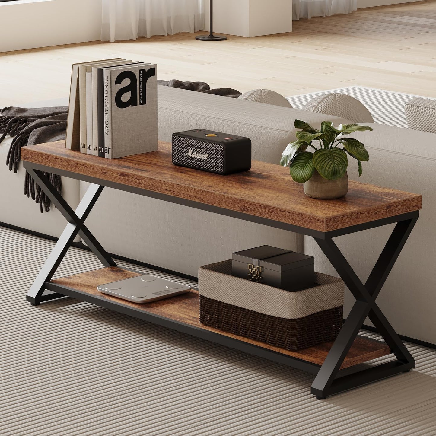 IBF Farmhouse Wood Bench, Industrial Storage Entryway Indoor Bench for Bedroom Hallway Living Room, Rustic Wooden Metal Shoe Rack Accent Foyer Bench Seat for Entrance Sitting, Rustic Brown, 47 in Long