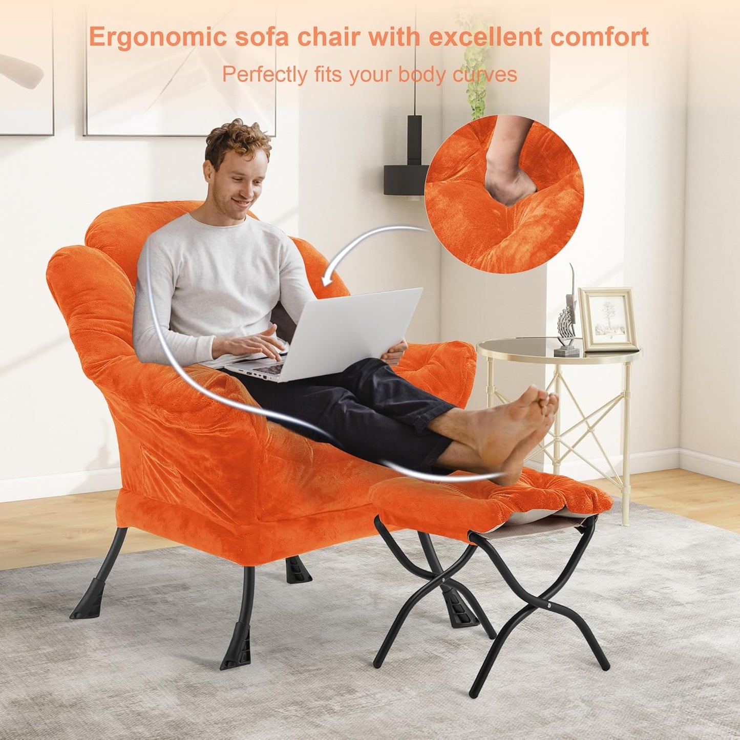 Fabric Lazy Chair with Ottoman, Oversized Upholstered Sofa Chair for Adults, Plush Comfy Lounge Chair with Large Side Storage Pocket, Reading Chair for Living Room, Bedroom, Office, Orange