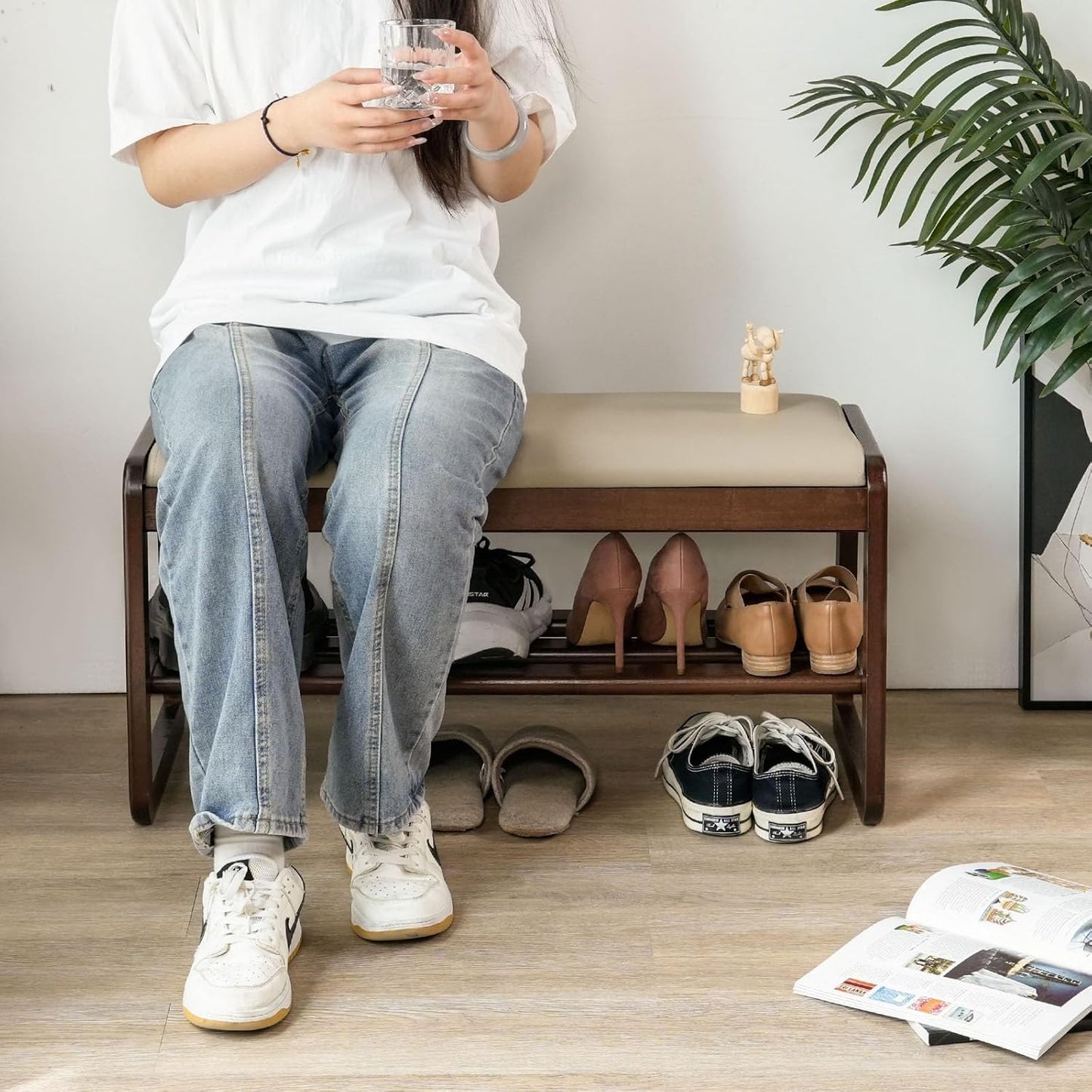 Shoe Bench, Entryway Bench with Leather Cushion, Solid Wood Shoe Rack, Mid Century Modern Bench, Shoe Storage, Shoe Organizer for Entryway (Grey, 31.5" W)