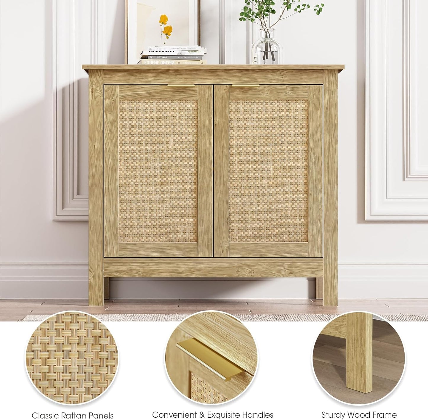Giluta Sideboard Buffet Cabinet, Farmhouse Kitchen Cabinets with 2 Rattan Doors, 30''H Boho Cabinet for Entryway