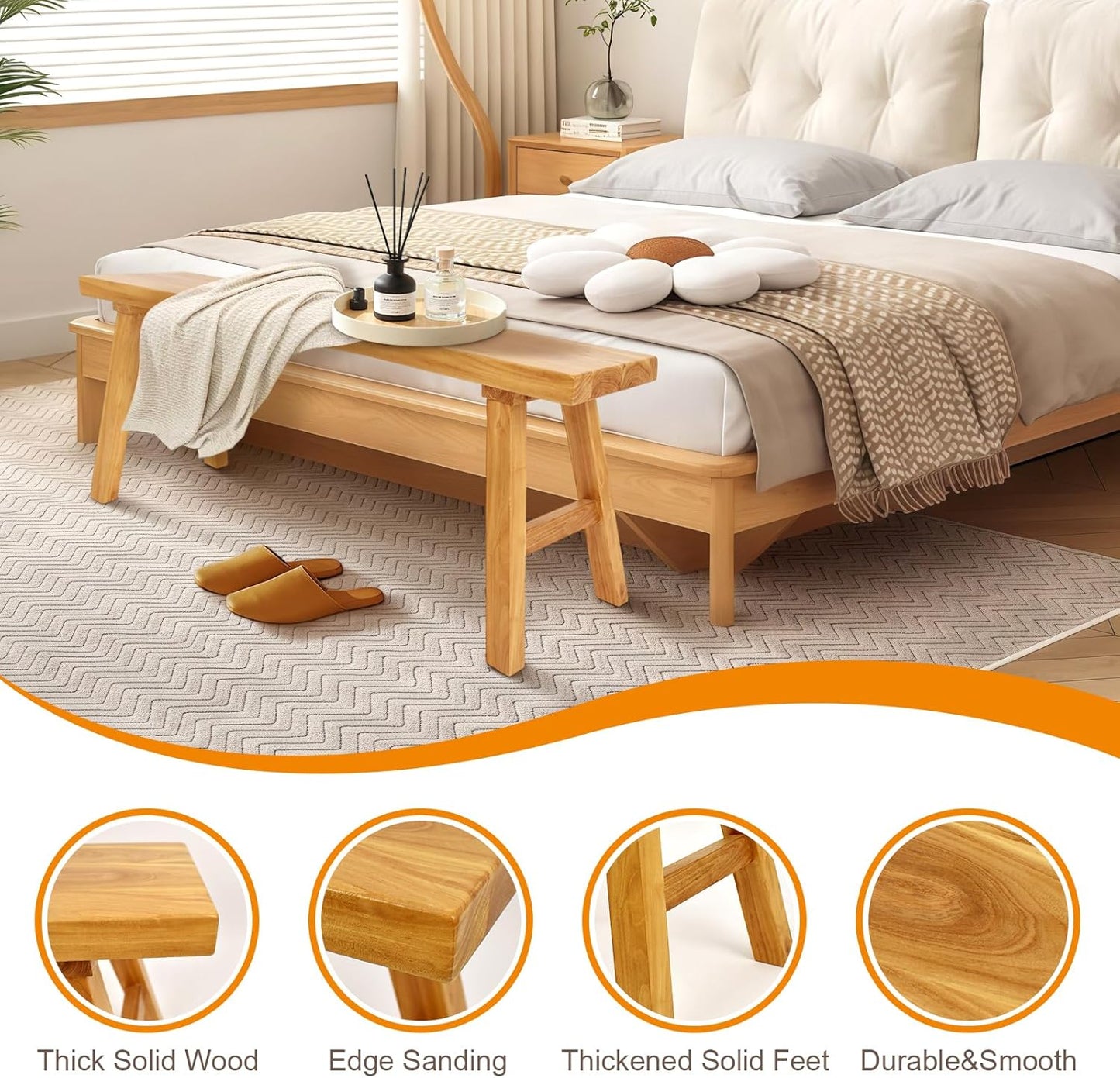 Farmhouse Solid Wood Bench: Long Rustic Indoor Narrow Wooden Bench for Entryway,Living Room, Dining Room,End of Bed,Hallway (47" Lx10 Wx18 H)