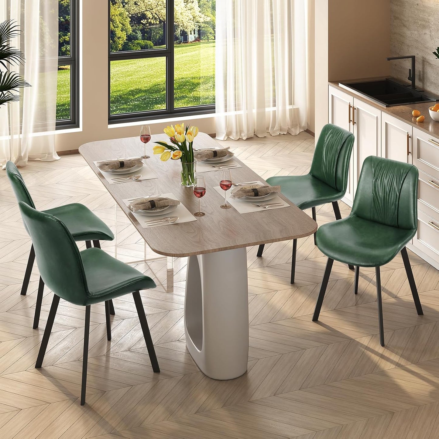 Upholstered Dining Chairs Set of 2, Modern Kitchen & Dining Room Chairs, Faux Leather, Sturdy Metal Legs, for Living Room, Cafe & Restaurant- Green