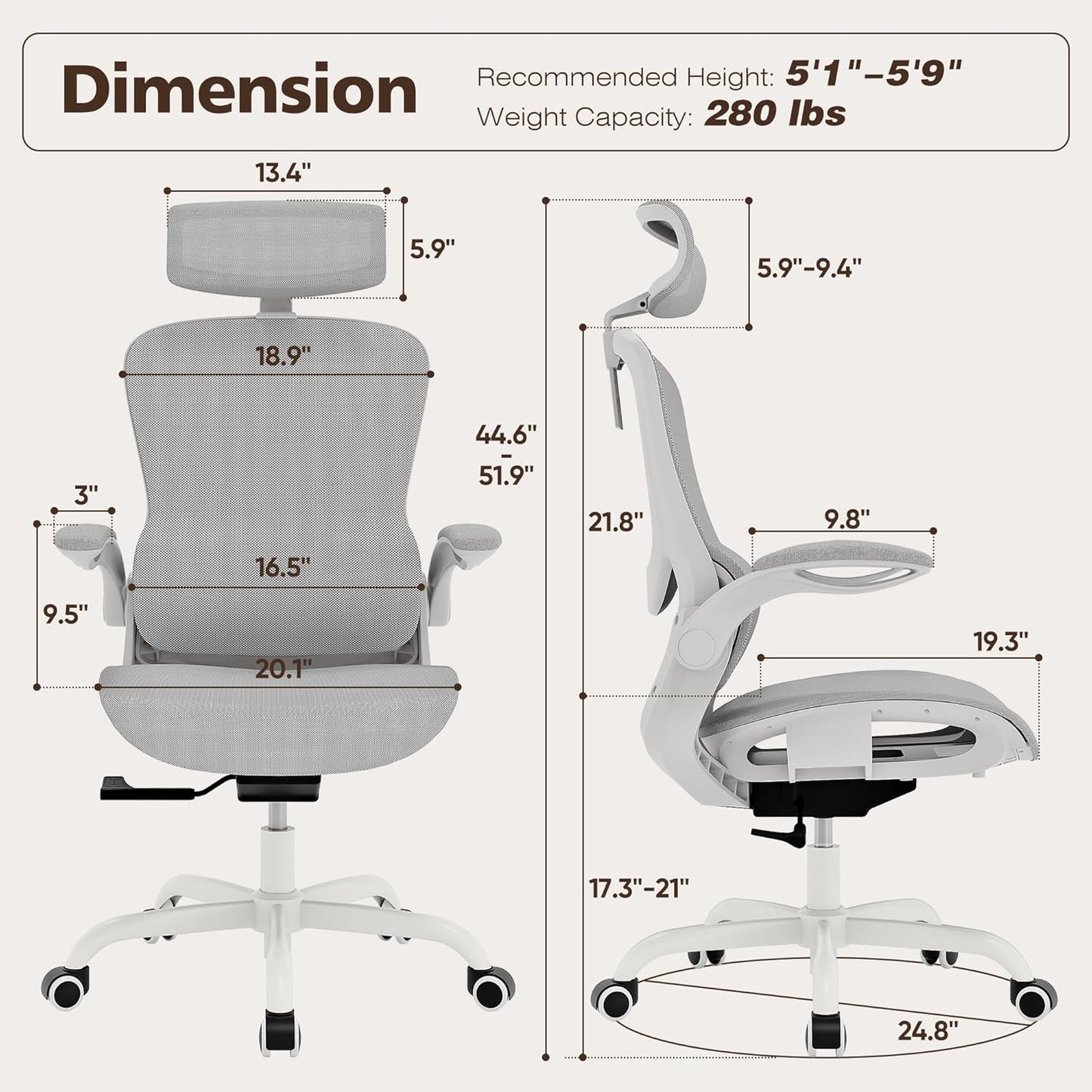 GABRYLLY Ergonomic Mesh Office Chair- White Desk Chair, Flip-Up Armrest, Adjustable Headrest, Tilting with Soft Seat and PU Wheel, Elite Home Desk Chair for Work, Study, Gaming (GY1108)