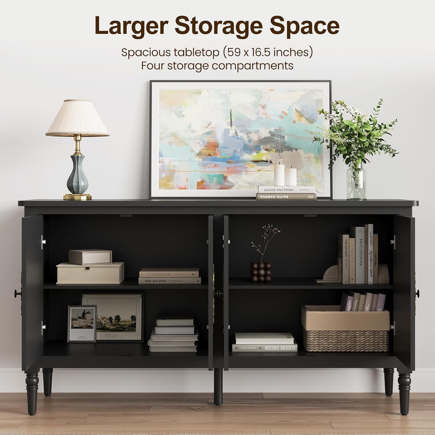 Console Cabinet, 58'' Mid Century Modern Pantry Sideboard, Wood Buffet Cabinet, Media Cabinet with 4 Doors, Accent Cabinet for Entryway, Living Room, Dining Room (Black)