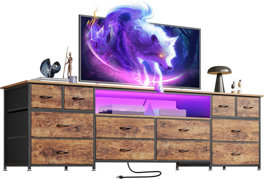 Huuger 70.9 Inch Dresser TV Stand with LED Lights, Power Outlets and USB-C Port, 12 Fabric Drawer Dresser for Bedroom, Wide Entertainment Center for 75, 80 Inch TV, Open Shelf, Rustic Brown
