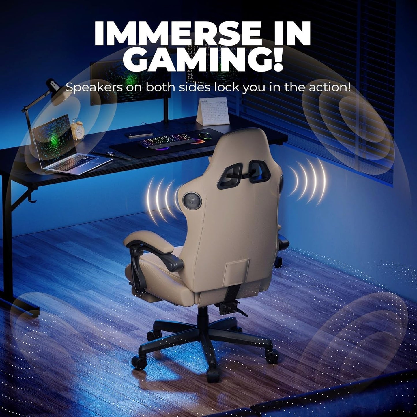 GTPLAYER ACE-PRO Music Gaming Chairs – Built-in Speakers, App Support & Bluetooth Control, Footrest & Pocket, Gamer Chair for Adults, Ivory