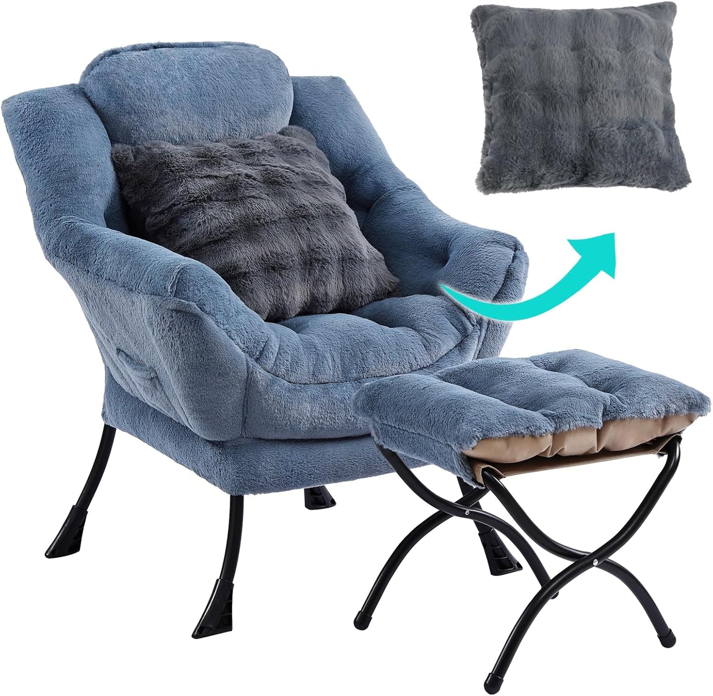 Lazy Chair with Ottoman, Comfy Reading Chair with Footstool & Throw Pillow Modern Lounge Accent Chair with Armrests & Side Pocket for Living Room, Bedroom, Dorm Room, Office