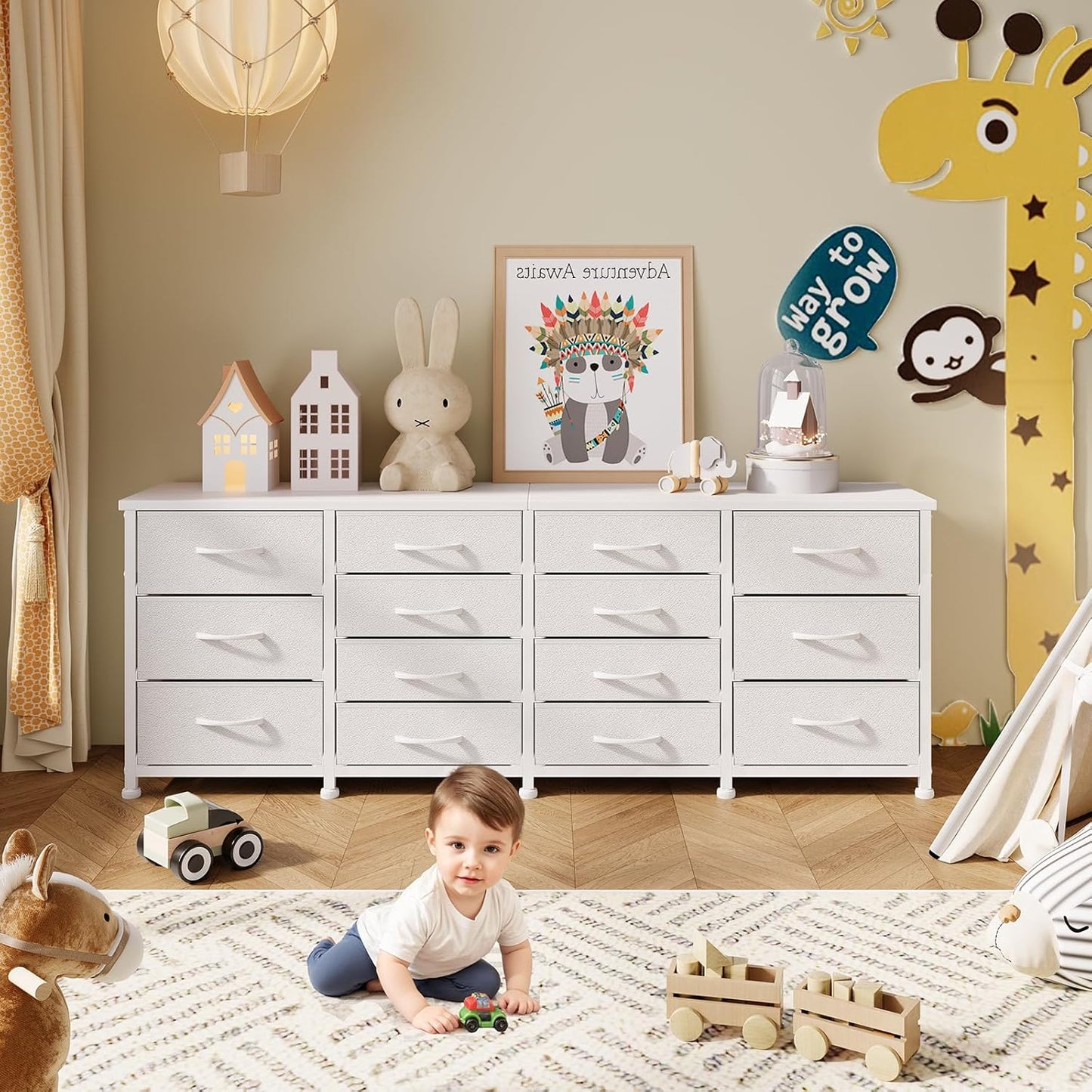 63 Inch TV Stand Dresser for Bedroom, Long White Dresser with 14 Fabric Drawers for 65 70 75 Inch TV, Entertainment Center with Storage Media TV Console Table