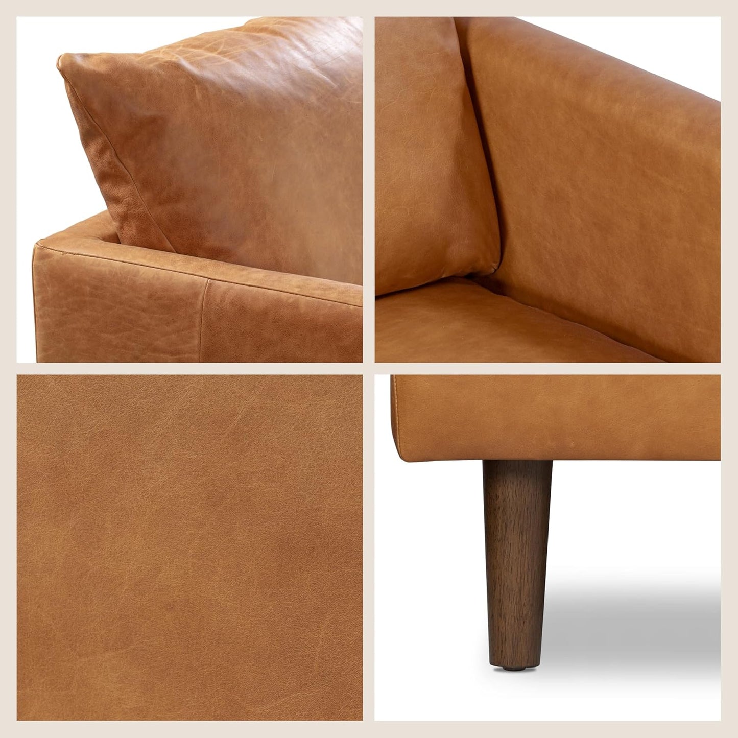 Poly & Bark Girona Leather Couch - 88 Inch Sofa with Tufted Back - Sofa for Living Room with Feather-Down Topper - Living Room Couch - Full-Grain Vintage Italian Leather in Cognac Tan