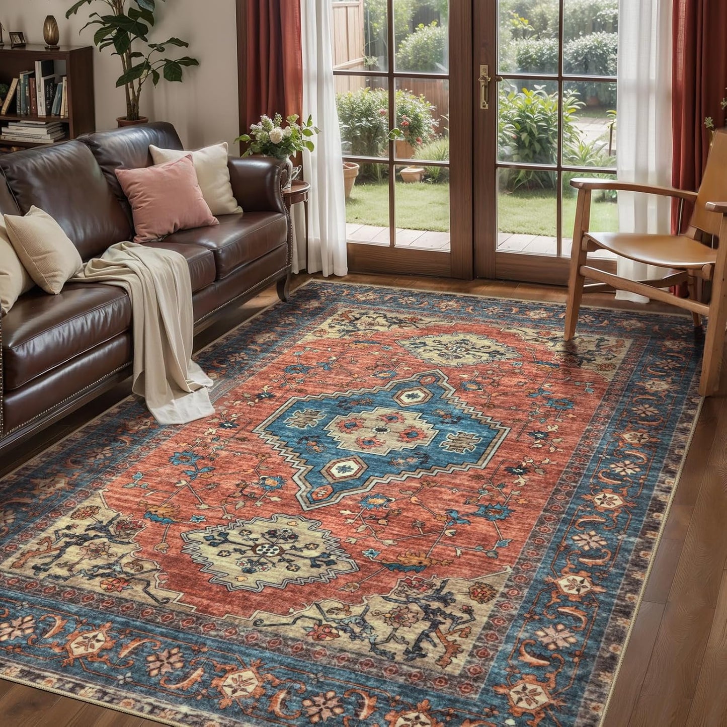 Tangsoo 5x7 Area Rug Washable Rug for Living Room, Vintage Indoor Non Slip Large Area Rugs, Print Distressed Rust Carpet, Soft Low Pile Foldable Floor Rug for Bedroom Dining Room Dorm Terracotta