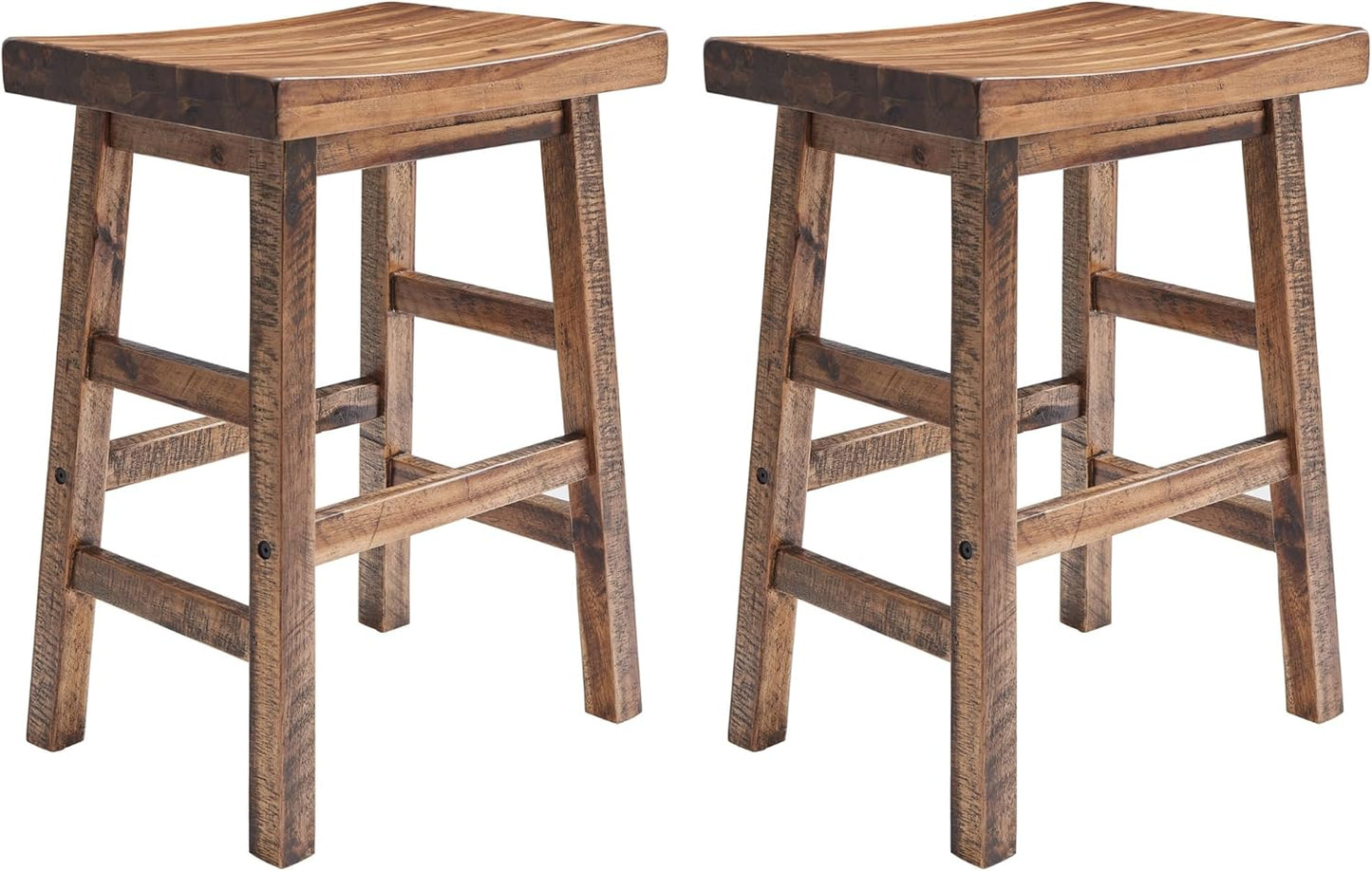 Alaterre Furniture Durango 26-Inch Industrial Wood Counter-Height Stools – Set of 2 Rustic Saddle Seat Bar Stools - Vintage Style with Light or Dark Lacquer Finish for Kitchen Island or Home Bar