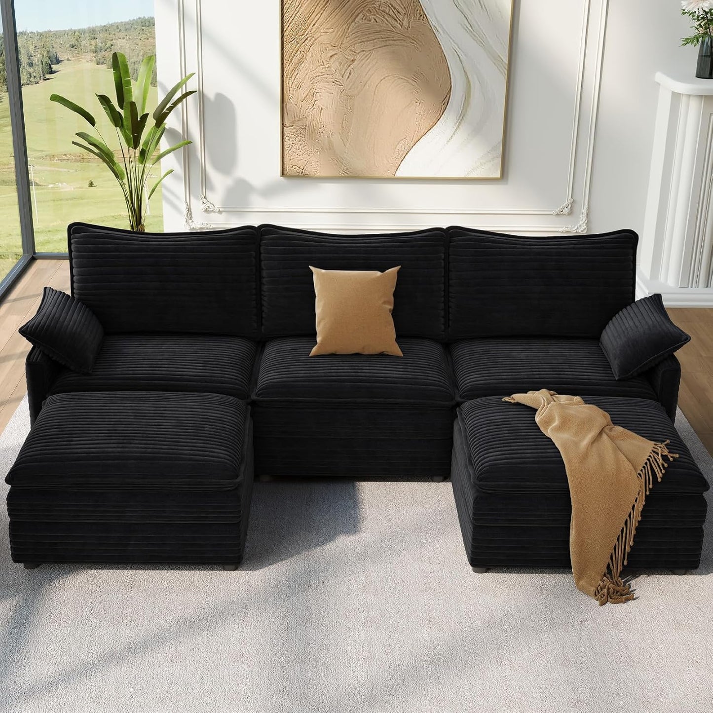 Vesgantti 108" U Shaped Sectional Couch, Comfy Cloud Modular Sectional Sofa with 2 Ottoman Deep Seat Corduroy Modern Cloud Sofa, Modular Sofas for Living Room, Bedroom and Apartment, Black