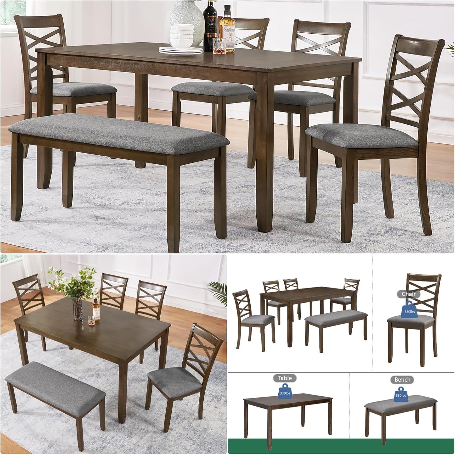 Dining Table Set, Wooden Kitchen Table Set with Rectangular Table, 4 Flat X Backrest Upholstered Chairs & a Bench, Table and Chairs with Non-Slip Feetmats for 6 People, Living Room, Walnut