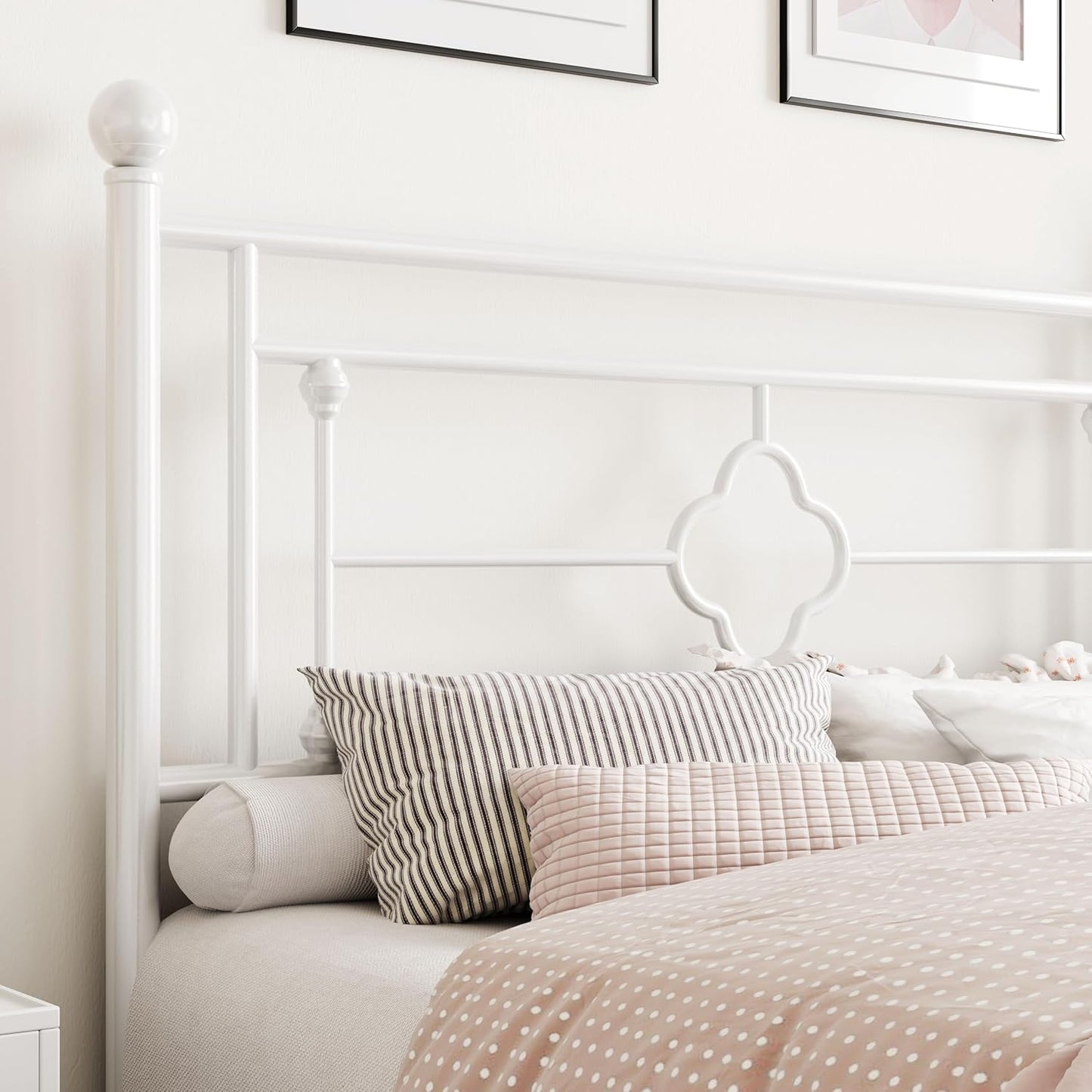 SHA CERLIN 14 Inches Queen Size Metal Platform Bed Frame/Vintage Iron-Art Headboard and Footboard/Mattress Foundation for Storage/No Box Spring Needed/Noise-Free/Easy Assembly/White