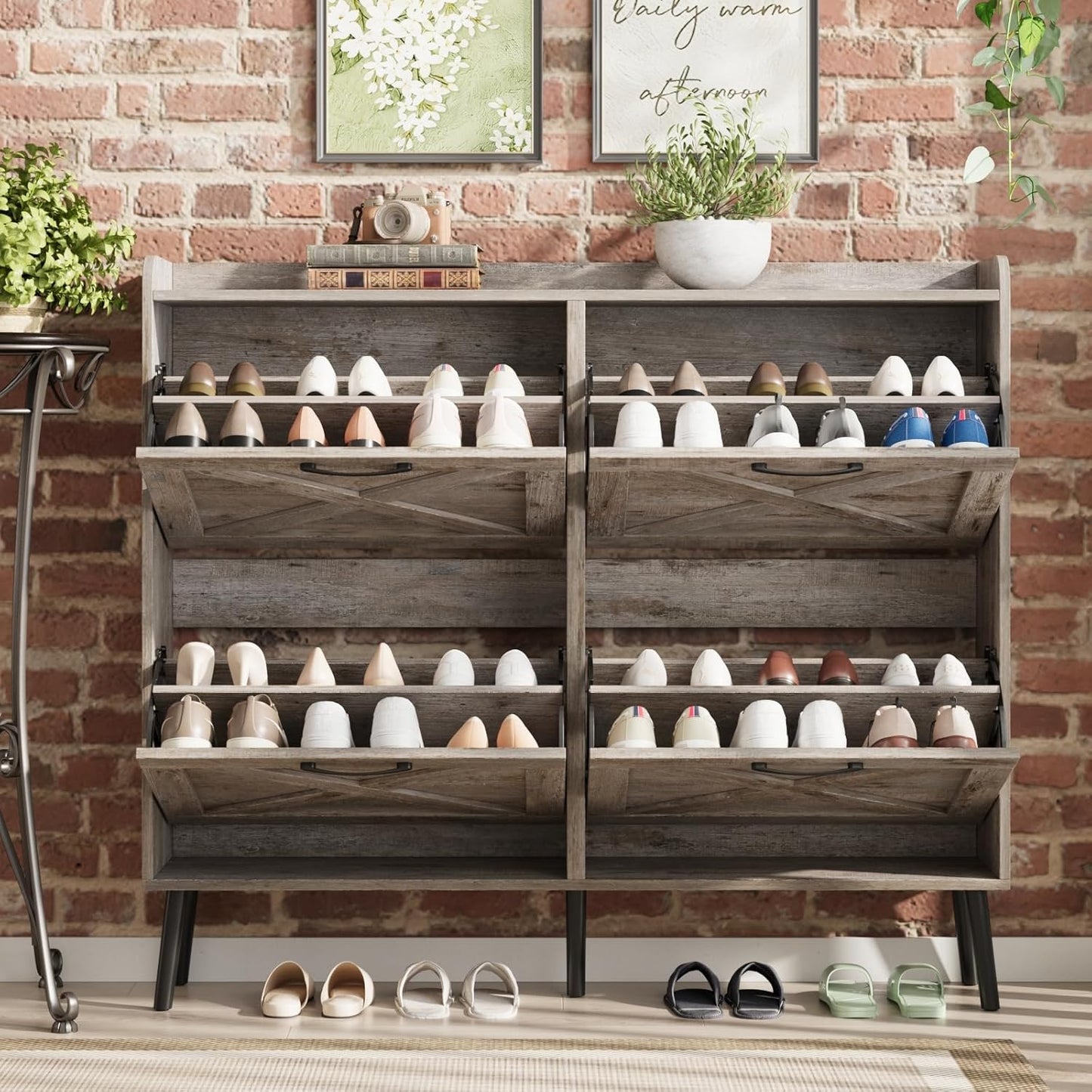 Maupvit Large Shoe Storage Cabinet with 4 Flip Drawers, Narrow Shoe Cabinet for Entryway with Wooden Legs, Freestanding Hidden Shoe Rack Organizer ＆ Metal Hinges, Light Rustic Oak