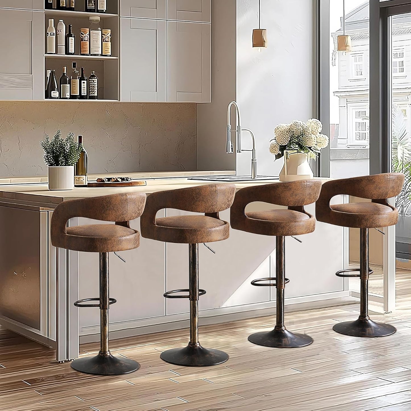 VECELO Bar Stools Set of 4 Adjustable Swivel Modern Pu Leather Barstools, Counter Bar Stools with Back and Arms, for Kitchen, Bar (Dark Brown)
