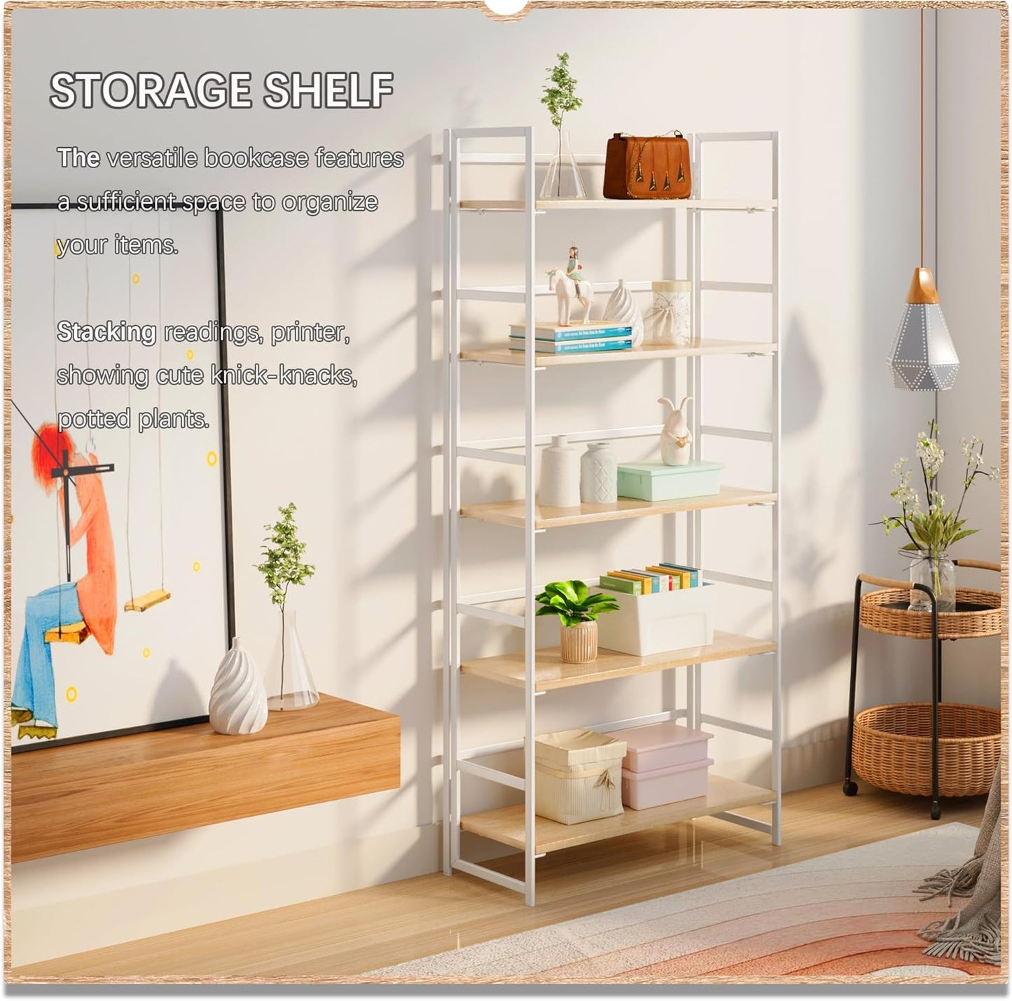 4NM No Assembly 5 Tiers Book Shelves, White Folding Bookshelf Bookcase Open Industrial Foldable Shelves for Bedroom, Living Room, Home Office - Natural White