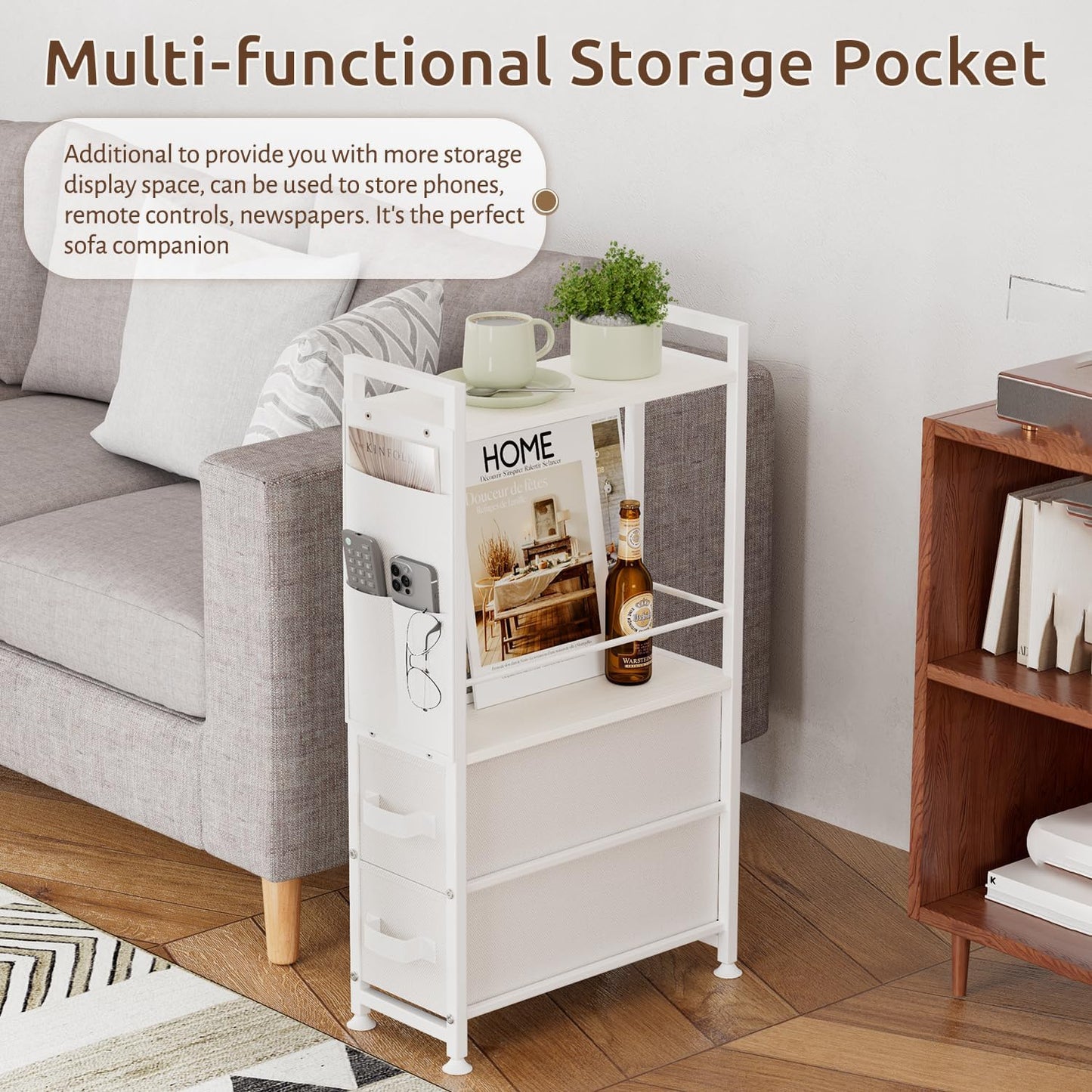 Small Narrow Side Tables for Small Spaces, Skinny Bedside End Table Nightstand with Drawers&Wheels, Slim Desk Stand Magazine Rack with Storage Bag for Sofa Living Room Couch Bedroom (White)