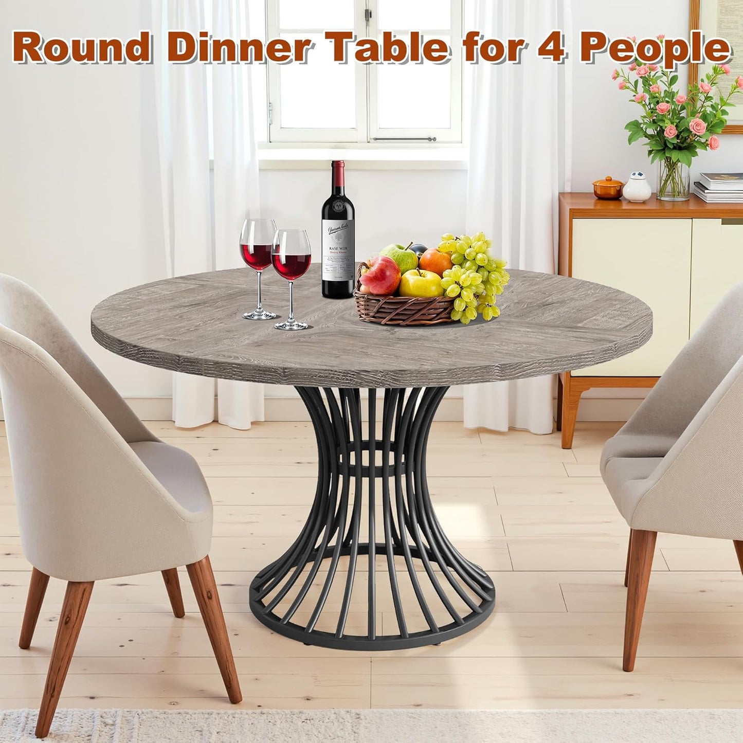 Round Dining Table for 4, 47-Inch Farmhouse Dinner Table Wooden Circle Kitchen Tables with Metal Base for Dining Room, Kitchen, Living Room, Grey and Black