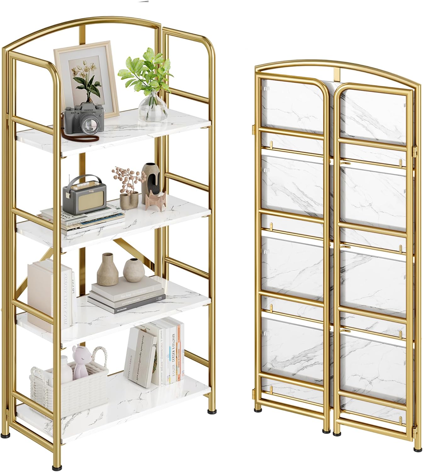 No-Assembly Folding Gold Bookshelf Storage Shelves Multifunctional Plant Flower Stand Storage Rack Shelves Bookcase for Home Office