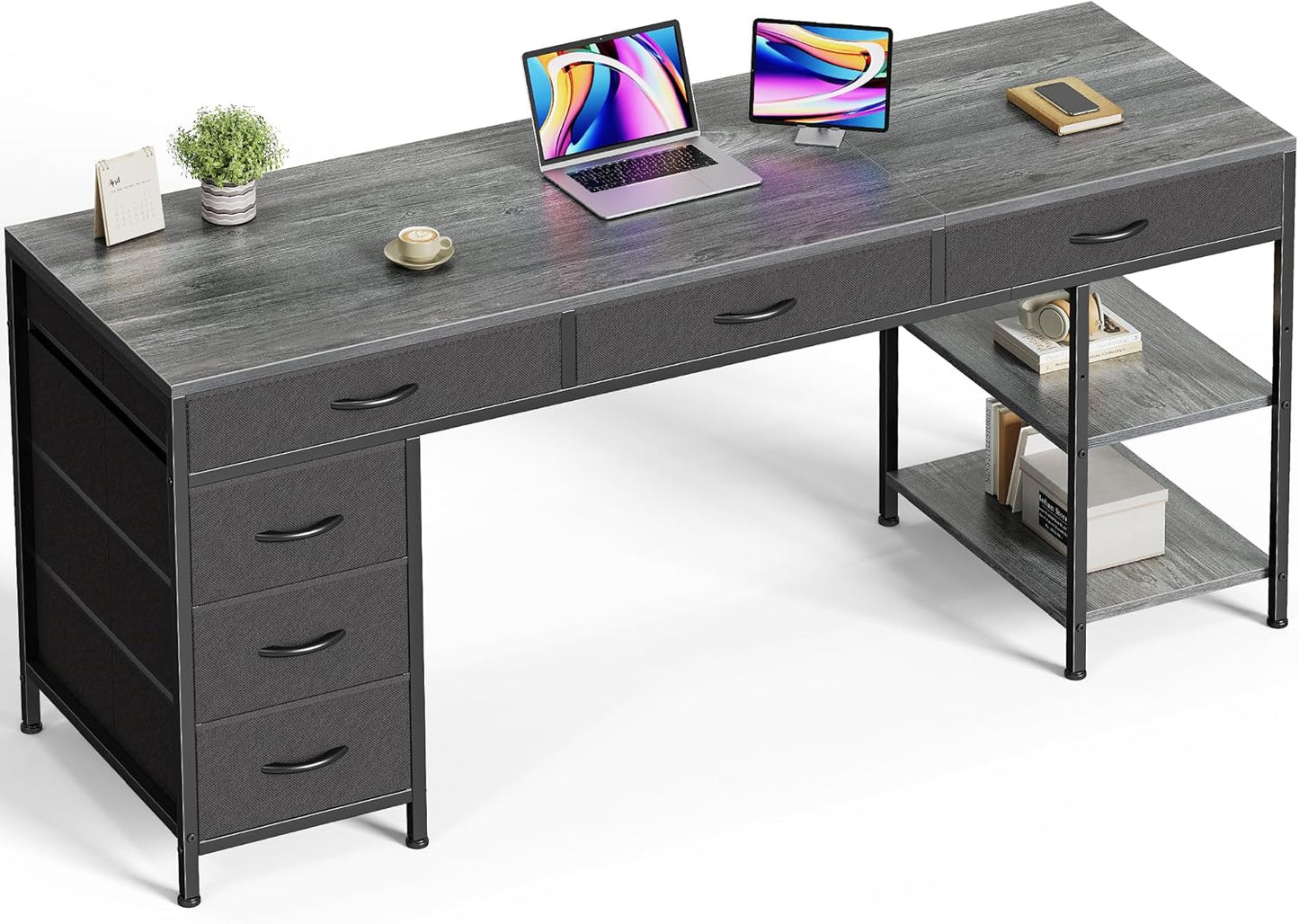 Huuger Computer Desk with 6 Drawers, 63 Inch Office Desk with Shelves, Reversible Gaming Desk, Corner Desk with Storage, for Home Office, Study, Living Room, Grey