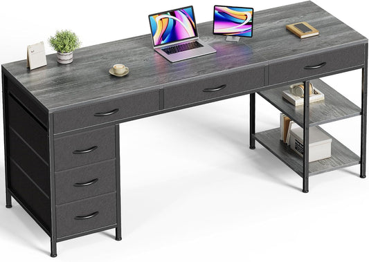 Huuger Computer Desk with 6 Drawers, 63 Inch Office Desk with Shelves, Reversible Gaming Desk, Corner Desk with Storage, for Home Office, Study, Living Room, Grey