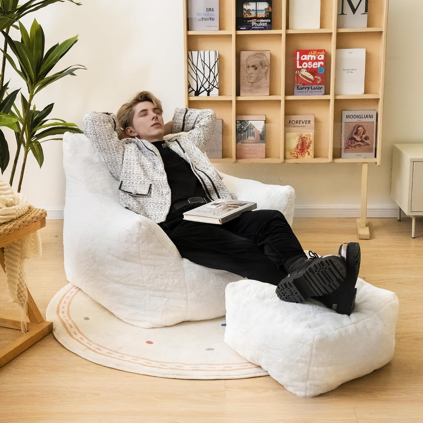 Bean Bag Chair with Ottoman, Armrest Bean Bag Chairs with Filler, Ultra Soft Fluffy Faux Fur Bean Bag Chair with Foot Rest, Plush Lazy Sofa with Foot Stool for Living Room, Dorm