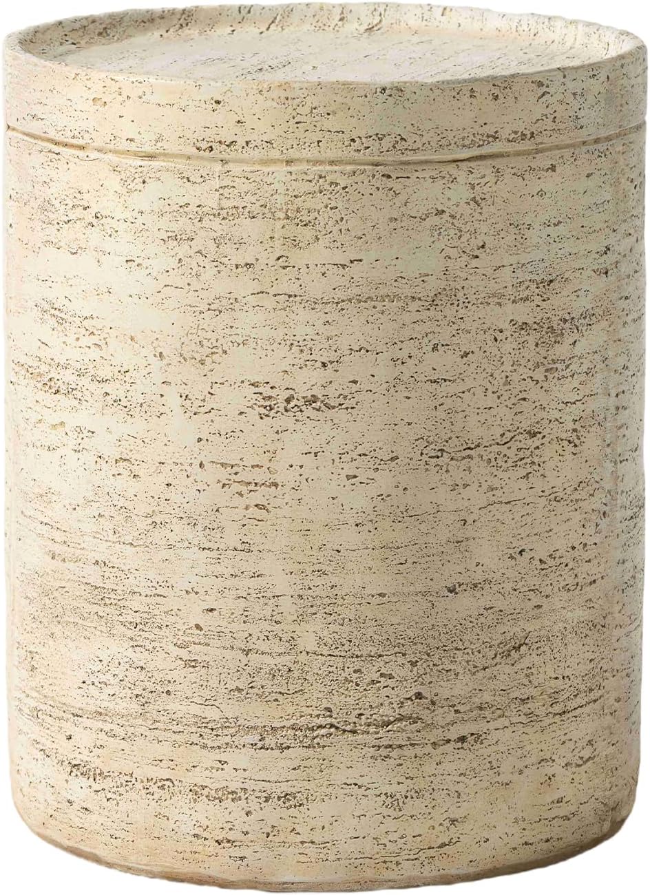 COSIEST Outdoor Side Table, Cylinder Shaped MgO Patio End Table, Lightweight Accent Table with Tray Top, Round Plant Stand Tool for Garden and Deck, Beige